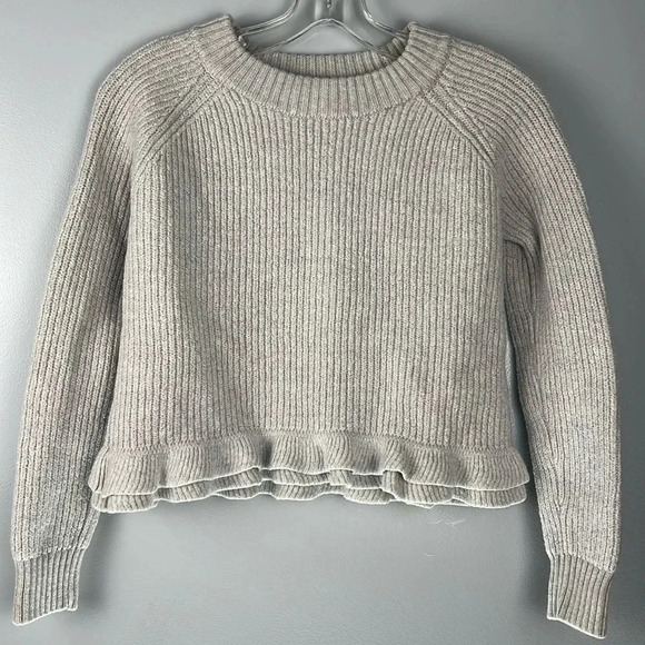 Aritzia Wilfred Jonnie 100% Merino Wool Ruffle Hemline Ribbed Crewneck Sweater S - Picture 2 of 11